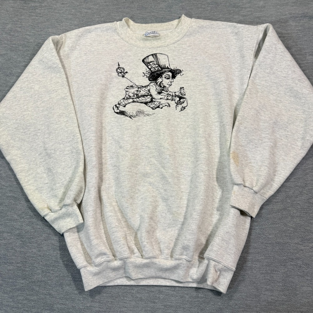 VTG‎  Alice Mad Hatter Sweatshirt Men M Gray Crewneck Pullover Graphic Rare 90s